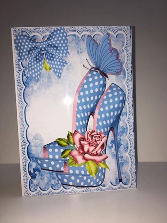 Pretty Blue Polka Dot Shoe with Roses & Butterfly by Carly Jones