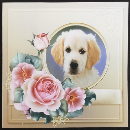 Rose and puppy 7x7 card with decoupage and sentiment tags by Carol Bath 