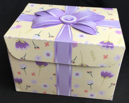 Gift Box Purple Flowers on a Yellow Background with Bow Decoupage by Carol Bath 