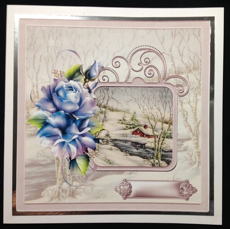 Winter rose 7x7 card with decoupage by Carol Bath 