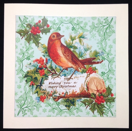 Pretty vintage robin with holly 8x8 by Carol Bath 