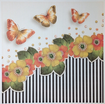 Vintage stripes flowers and butterflies orange-yellow 1077 by Carol Bath 