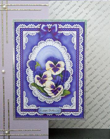 A5 Pansy, Lace and Pearls Quick Card with Pyramage by Carol Bath 