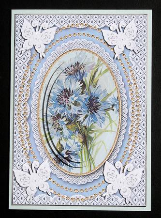 Blue Cornflowers A5 Butterfly Lace Card Front by Carol Bath 