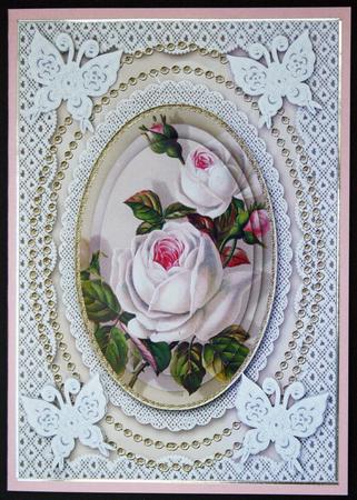 White Roses A5 Butterfly Lace Card Front by Carol Bath 