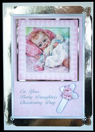Baby Girl's Christening - Card Front with 3D Lace Frame by Carol Bath 