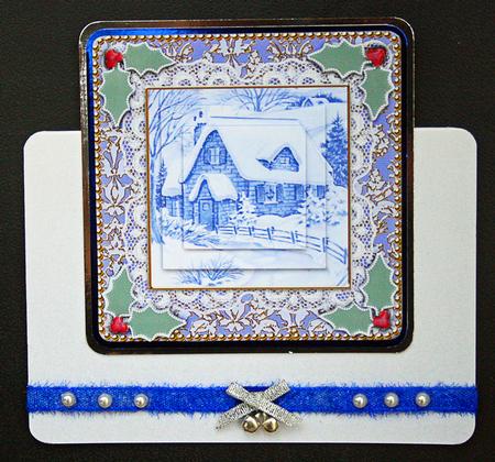 Christmas Lonely Cottage Lace N Damask Square Card Front by Carol Bath 