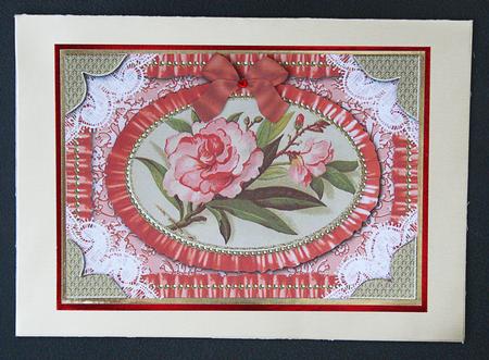 Oriental Pink Peony Lace N Ruffles Card Front by Carol Bath 