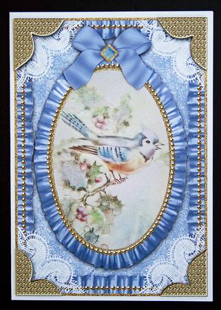 Christmas Blue Tit Lace N Ruffles Card Front Step by Step by Carol Bath 