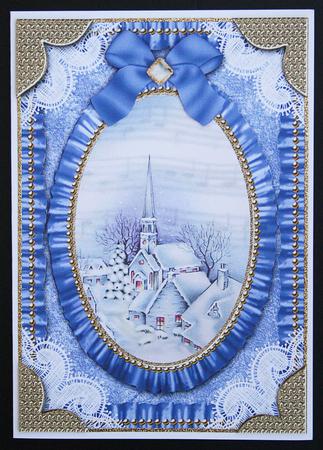Christmas Blue Village Lace N Ruffles Card Front by Carol Bath 