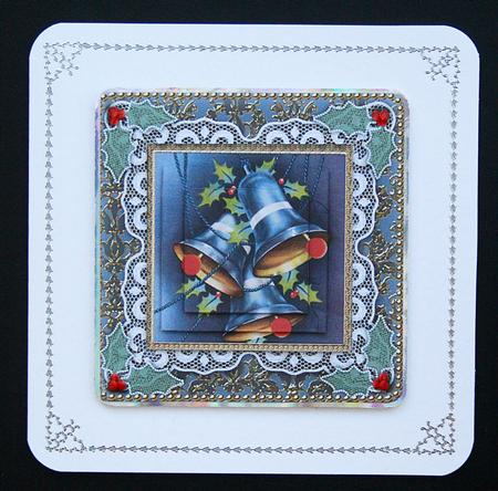 Christmas Blue Bells Lace Damask Square Card Front by Carol Bath 