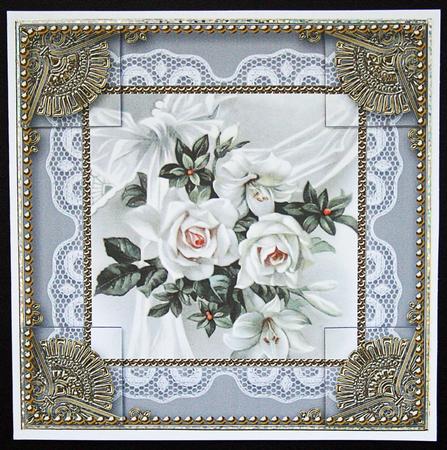 Beautiful White Roses 8x8inch Lace N Gold Picture Sheet by Carol Bath 