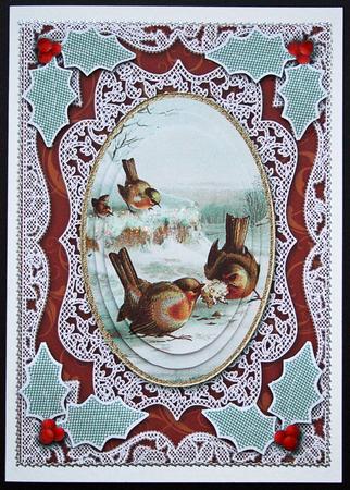 Christmas Feeding Robins A5 Lace Card Front Step by Step by Carol Bath 