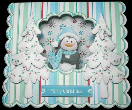 Cute Penguin and Christmas Trees Scalloped Tent Card and Env by Carol Bath 