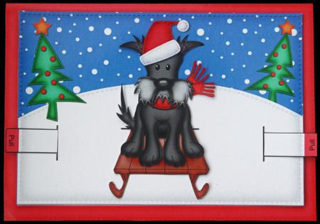 3D Xmas Sledging Hamish Scottie Dog Animated Moveable Card by Carol Bath 