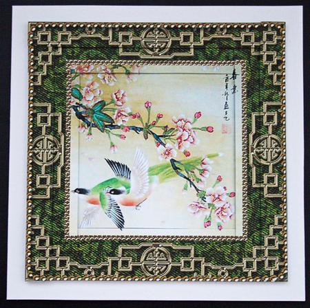 Oriental Blossom Birds Spiral Edge Stacker Card Front by Carol Bath 