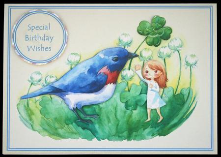 Darling Little Flower Girl Playing in the Clover with a Blue Bird by Carol Bath 
