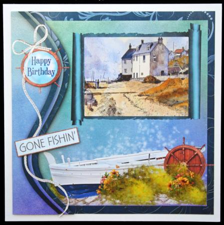 Swirl Border Fishing Village & Boat 8x8inch by Carol Bath 