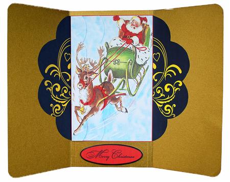 Santa in His Sleigh Winged Sid Scalloped Pyramid Card by Carol Bath 