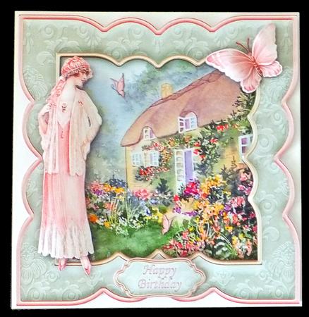 Vintage Lady & Thatched Cottage Decoupage by Carol Bath 