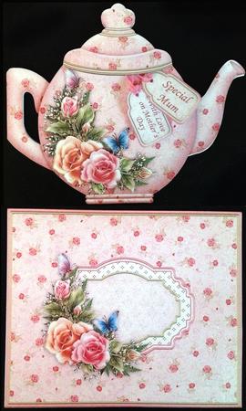 Teapot Shape Card Rosy Glow Decoupage Card Kit by Carol Bath 