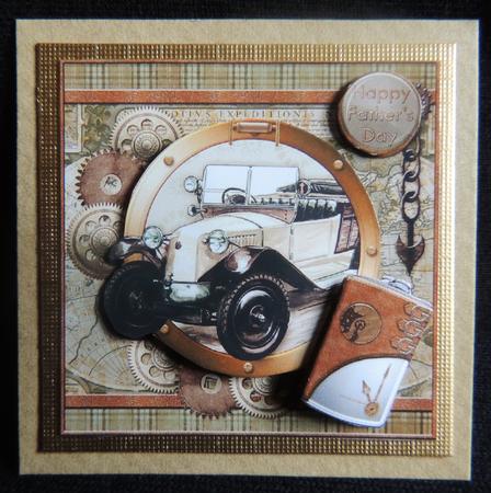 Steampunk Car on Map Birthday Card Topper & Decoupage by Carol Bath 