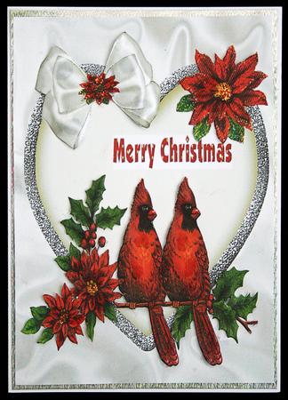 Two Christmas Cardinals with Poinsettias by Carol Bath 