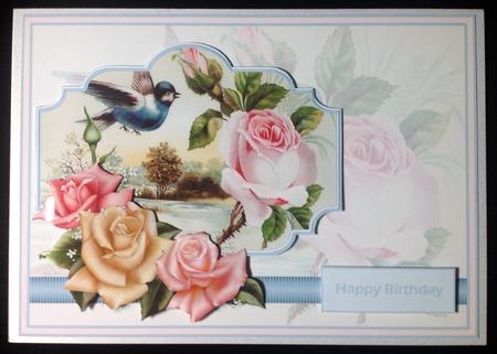 Pink Rose and Blue Bird Card with Decoupage by Carol Bath 