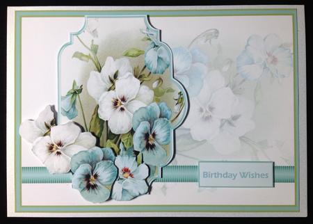 Aqa and White Pansy Card with Decoupage by Carol Bath 