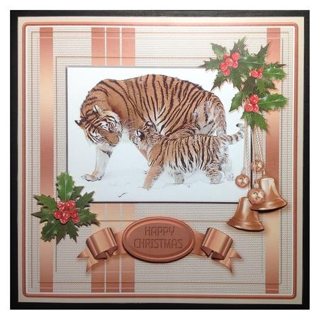Tiger and Cub Playing in the Snow 8in x 8in Decoupage by Carol Bath 