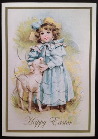 Vintage Easter Girl with Lamb Scalloped Pyramid by Carol Bath 