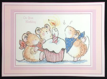 1st Birthday Card with Cute Mice Decoupage by Carol Bath 