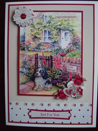 Rose Cottage & Puppy Card Front & Floral Decoupage by Carol Cadman