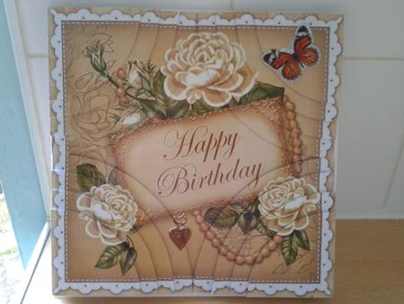 Cream Roses Happy Birthday 8in All 4 Rounded Corner Stacker by Carol Pollock
