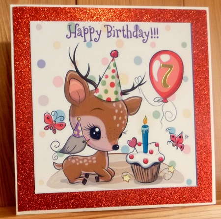 Cute little deer with  birthday cake and balloons 7x7 by CAROL LODGE