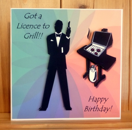 Funny James Bond theme licence to grill 6x6 card topper by CAROL LODGE