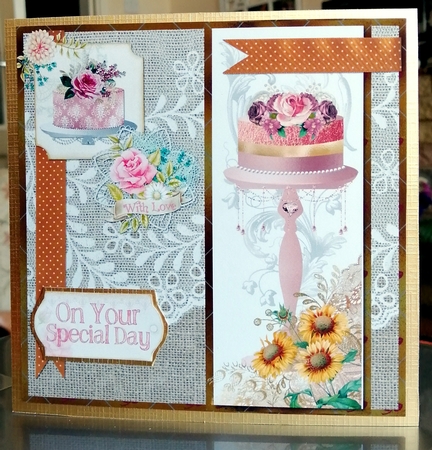 6 x 6 Card Insert Celebration Cake with Burlap/Lace Background, Blank by CAROL LODGE