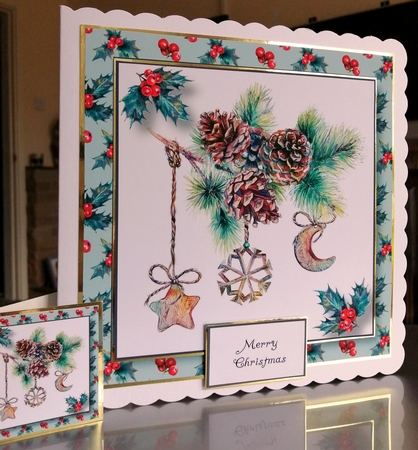 Rustic Pinecones & Watercolour Baubles 8x8 by CAROL LODGE