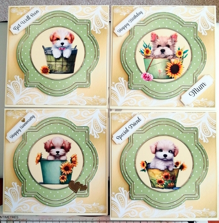 Cute Puppies and Sunflowers 6 x 6 All Occasions Cards x 4 by CAROL LODGE