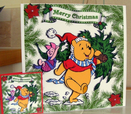 bear in santa hat with piglet carrying christmas tree 8x8 by CAROL LODGE