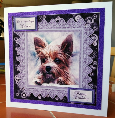 Yorkshire Terrier birthday card front with family tags by CAROL LODGE