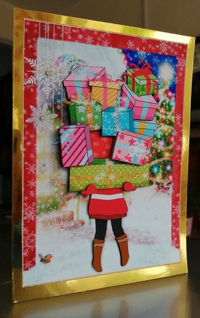 Is She going to Make it! Christmas Parcels in the Snow A5 Card Front & Decoupage by CAROL LODGE