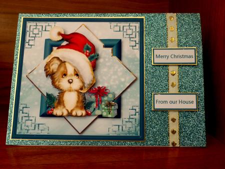 Christmas Dog with Gifts Card with a Topper by CAROL LODGE