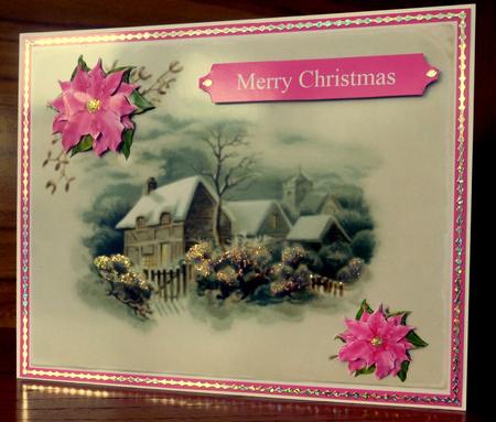 Winter Cottage Pink Poinsettia Decoupage Card by CAROL LODGE
