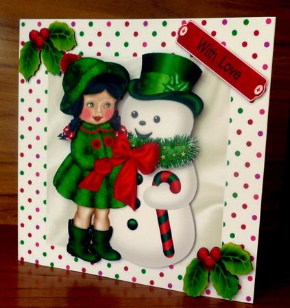 Little Girl with Snowman in Dotty Frame with Holly Mini Kit by CAROL LODGE
