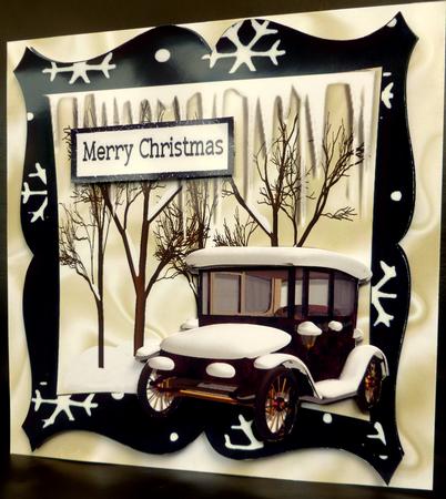 Lovely Snow Scene in Black Frame with Vintage Car 8x8 by CAROL LODGE