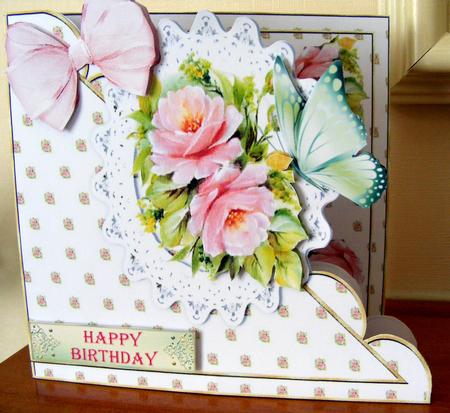 Pretty Pink Roses & Butterfly on Lace on Scalloped Card by CAROL LODGE