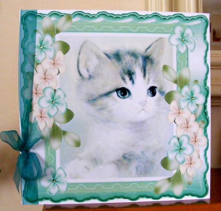 Cute Little Grey Kitten with Flowers 8x8 by CAROL LODGE
