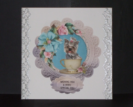Yorkie in a Teacup - 6 inch circular card front with decoupage by Carol Pulford