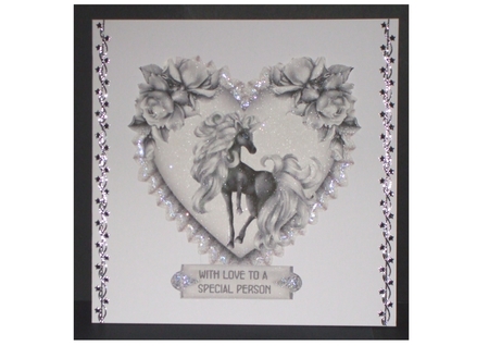 The Black Unicorn - 6 inch heart shaped topper and decoupage by Carol Pulford